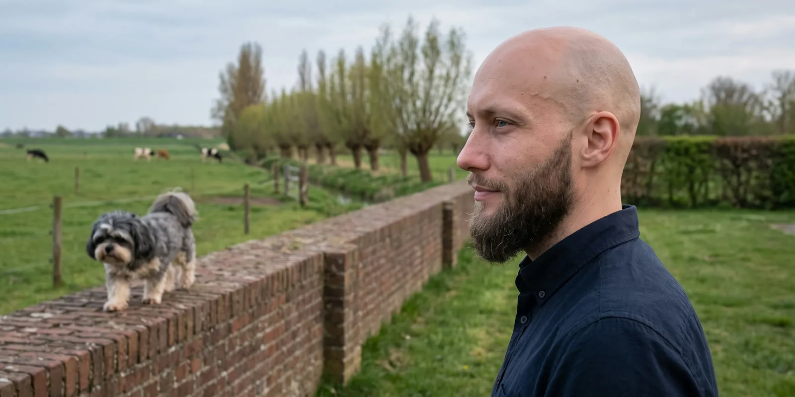 KI-generiertes Foto: Floris Waller Litjens im Profil vor Niederrhein-Wiesen, hinter ihm läuft der kleine Hund Raja auf einer niedrigen Backsteinmauer.